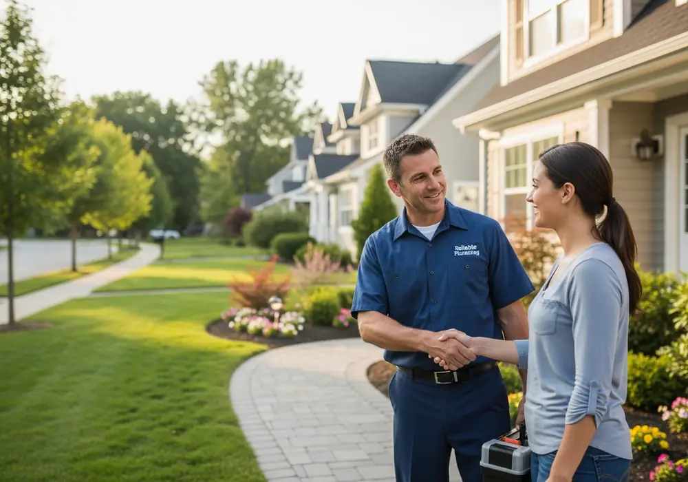 Happy Los Angeles homeowner with professional plumber after successful repair